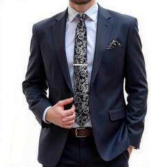 Conjunto de corbata de seda con estampado floral, incluye pinza de corbata, pañuelo y gemelos - Negro y plata - Ver 4