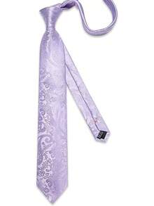 Silk Floral Necktie Set With Tie Clip, Handkerchief & Cufflinks - Lavender Paisley - View 9