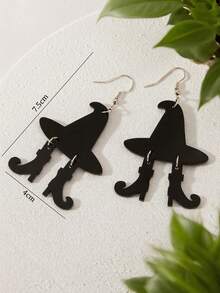 万圣节邪恶女巫帽靴子设计黑色吊坠耳环复古哥特式亚克力饰品鬼节耳环 - 黑色 - 查看 2