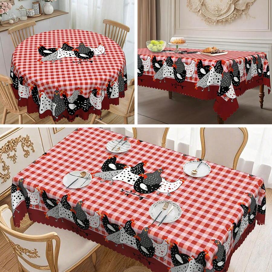 1pc Vintage Farmhouse Round & Rectangular Tablecloth, Multiple Sizes, Rooster Red Plaid Pattern Print Design, Suitable For Spring/Summer, Kitchen, Picnic, Fits Easter, Birthday, Mother's Day, Graduation, Wedding Gifts