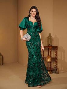 【随机印花】UNITHORSE 女士 V 领灯笼袖亮片拼接缎面修身优雅晚礼服 - 墨綠色 - 查看 5