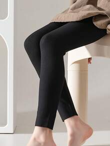 2pcs/Pack Kids' Comfortable Solid Color Ankle Length Leggings, Can Be Worn Outerwear - Black and White - View 3
