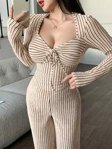 杏色扭结不对称下摆长袖上衣和阔腿裤两件套，条纹提花面料，适合年轻时尚女性的休闲通勤装，秋冬季 - 杏色 - 查看 2