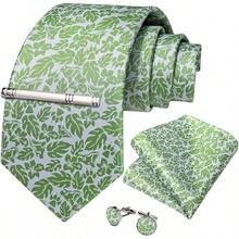 Silk Floral Necktie Set With Tie Clip, Handkerchief & Cufflinks - Green Floral - View 8