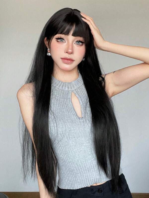 26 英寸黑色女士假发，合成机织长直发，带刘海，自然波浪合成假发，耐热假发，适合日常派对角色扮演日常佩戴，女士礼物，女士配饰，自然性感简约休闲运动学院风角色扮演耐热假发或节日派对日常佩戴，万圣节圣诞节礼物，送给女朋友的礼物，送给女朋友的礼物