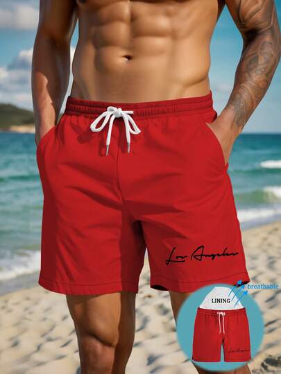 Men's Summer Printed Pattern Drawstring Waist Slant Pocket Hawaiian Quick-Dry Double-Layer Mesh Lining Shorts, Solid Color 3D Print Fashion Casual Beachwear Swim Trunks