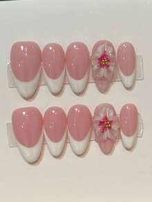 10片手工美甲贴片，全覆盖法式方型中长款，3D手绘花卉图案，亮面，粉白配色，优雅可爱的杏仁形高端简约度假风立体雕刻美甲贴片，可爱火辣少女美甲，适合女性日常及派对佩戴，全覆盖假指甲，按压式美甲贴片，长款美甲用品，手工按压式美甲贴片 - 彩色 - 查看 4