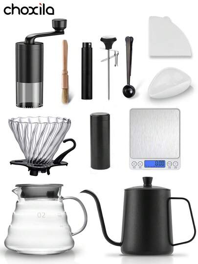 choxila 12pcs/Set Coffee Set, Pour-Over Coffee Kit, Drip Coffee Brewing Set (2-4 Cups) – Includes 600ml Coffee Kettle, 600ml Carafe, Size 02 Dripper, Filters, Grinder, Scale & Accessories. Perfect Gift For Coffee Lovers – Ideal For Living Room, Afternoon Tea, Family Gatherings, Bedroom, Camping