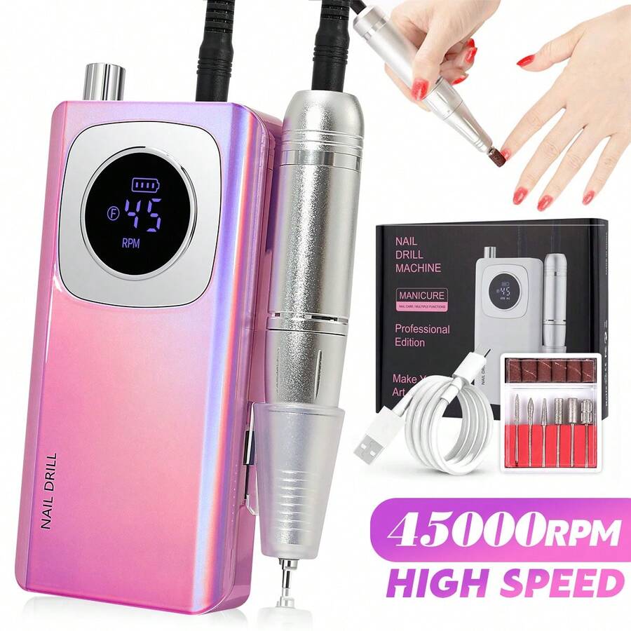 V4 45000RPM 便携式电动指甲磨甲器，可充电，适用于凝胶指甲油，便携式指甲锉，美甲工具 - 中紫紅色 - 查看 1