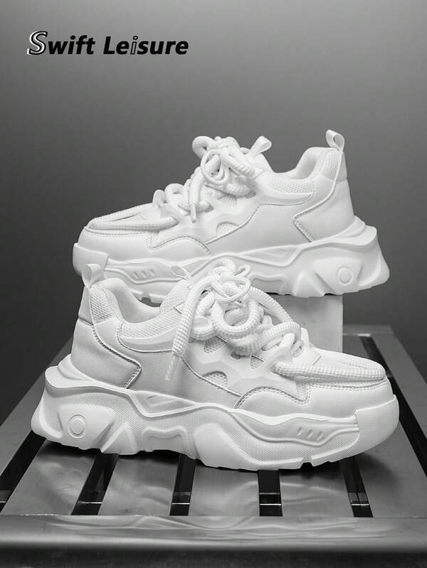 男士纯色拼接粗鞋带设计轻便时尚休闲运动鞋，时尚百搭户外运动舒适小白鞋