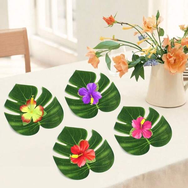 20/40Pcs Artificial Tropical Palm Leaves Silk Hibiscus Flowers Faux Monstera Simulation Leaves Fake Leaves For Hawaiian Luau Aloha Jungle Beach Table Party Supplies Decorations