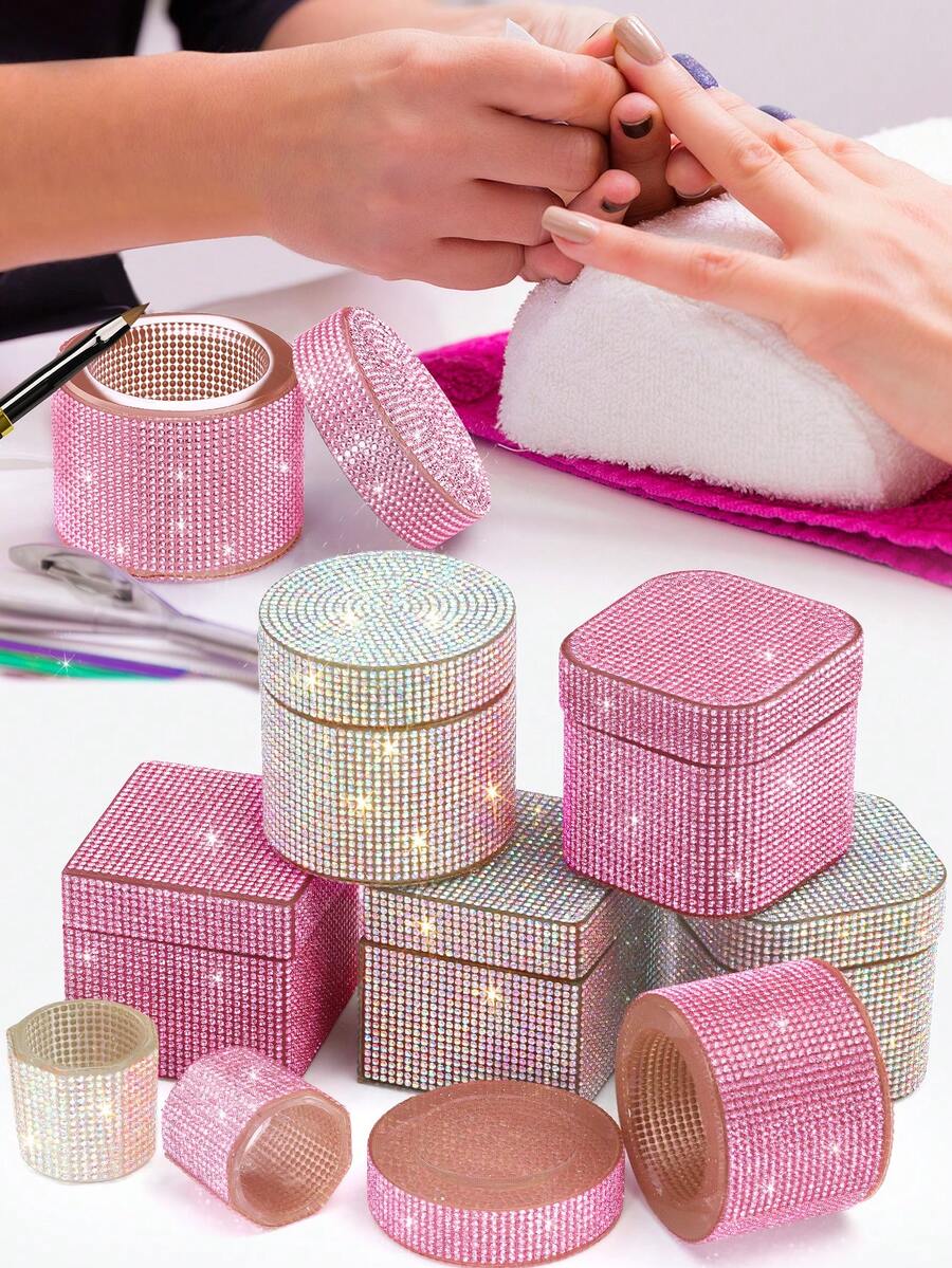 1pc Diamond-Bordered Nail Brush Cleaner Glass Cup With Cover Shiny Rhinestone Glass Manicure Tools