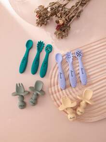 5PCS Personalized Customization Name Baby Silicone Utensils Mini Spoon Fork Food Accessories Solid Color Baby Tableware Print On Demand Baby's Cutlery - Multicolor - View 3