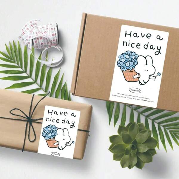 Rollo de 200 pegatinas de agradecimiento con diseño de flores y mensaje "Que tengas un buen día" - Diseño optimista de conejito y flores, colores suaves, perfectas para sobres, envoltorios de regalo, etiquetas de pequeños negocios y embalajes elegantes, pegatinas con mensaje positivo | Encantador estético | Ilustraciones coloridas, adornos florales