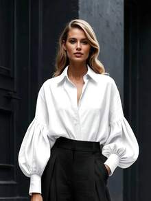 女士优雅白色衬衫 - 经典长袖灯笼泡泡袖，适合春、夏、秋季的办公室、休闲、正式场合，精致的设计，面料柔软，质地细腻 - 白色 - 查看 2