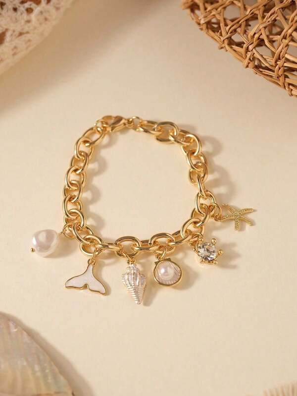 1 pieza Pulsera con colgante de estrella de mar, concha y perla, estilo bohemio de playa, adecuada para mujeres, uso diario, sesiones de fotos, fiestas, gran regalo para la novia, primavera/verano