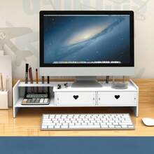 符合人体工程学设计的显示器支架带储物抽屉 - 白色 PVC 桌面支架，适用于办公用品、电脑和文具整理，心形镂空设计，电缆管理槽，桌面显示器支架