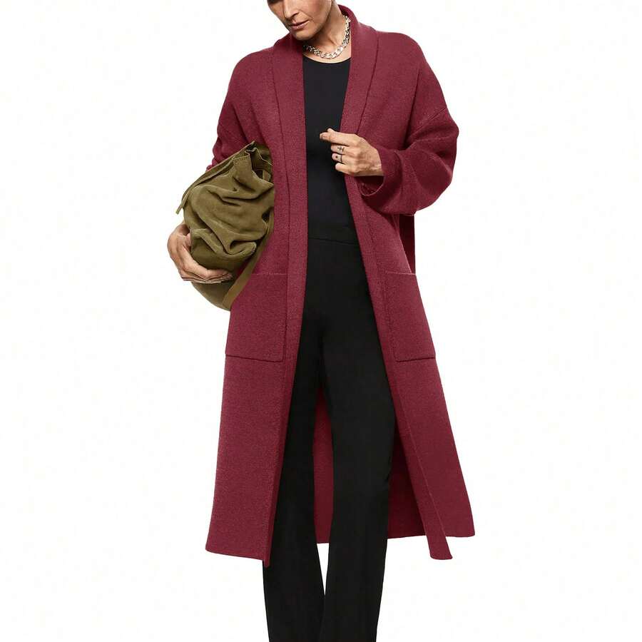 Womens Long Sleeve Maxi Cardigan Open Front Oversized Knitted Sweater Coat Casual Lapel Warm Overcoat With Pockets - 酒紅色 - 查看 1