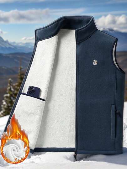 冬季无袖羊毛夹克，男士加厚羊绒内衬背心外套，立领开衫加厚外套。适合户外徒步、徒步旅行。圣诞礼物。