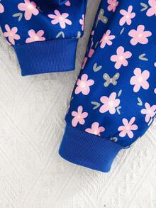 Baby Mädchen Set aus blau gerüschtem Langarmoberteil und komplett rosa floral bedruckter Hose, 2-Teilig, Herbst/Winter - Blau - Übersicht 6