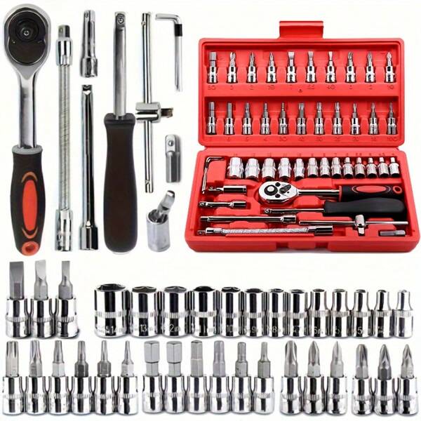 1 set de 46 pièces Kit d'outils de réparation automobile, Jeu de douilles et de clés à cliquet 1/4 de pouce, Kit d'outils combinés, Outils de réparation de vélo et de voiture - Cadeau idéal et parfait pour le Nouvel An (Certaines pièces sont de couleurs aléatoires)