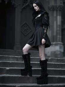 Knee High Boots For Womens Side Zipper Warm Faux Fur Platform Chunky Heel Punk Goth Walking Winter Snow Boots - 黑色 - 查看 3