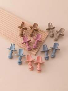 2PCS Personalized Customization Name Baby Silicone Spoon Fork Solid Color Kids Utensils Feeding Training Stuff Soft Print On Demand Baby Tableware - Multicolor - View 4