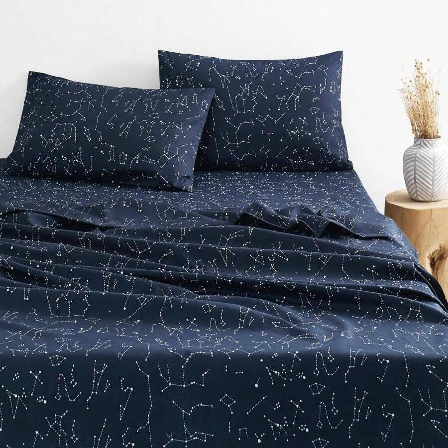 - Constellation Bed Sheets, 4 - Piece Sheet Set, Celestial Space Itchy Star Galaxy Astrology, Soft Icrofiber Deep Pocket Bedding, Navy Blue, Queen Size - 雙床+海軍藍 - 查看 1