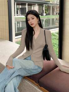 V-Neck Design, Fine Buckle, Long Sleeve, Ribbed Knit Cardigan, Essential For Women In Autumn/Winter And Back To School Season - Khaki - View 6