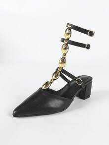 SOLE STORY Women's Black Leather Metal Double Ring Chain Decor Pointed Toe Low Vamp Ankle Strap 5.3cm Chunky Heel Sandals, Commuting Fashion Summer - Black - View 7