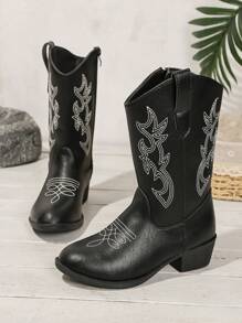 女童西部牛仔刺绣靴，圆头厚底中筒靴，秋冬款