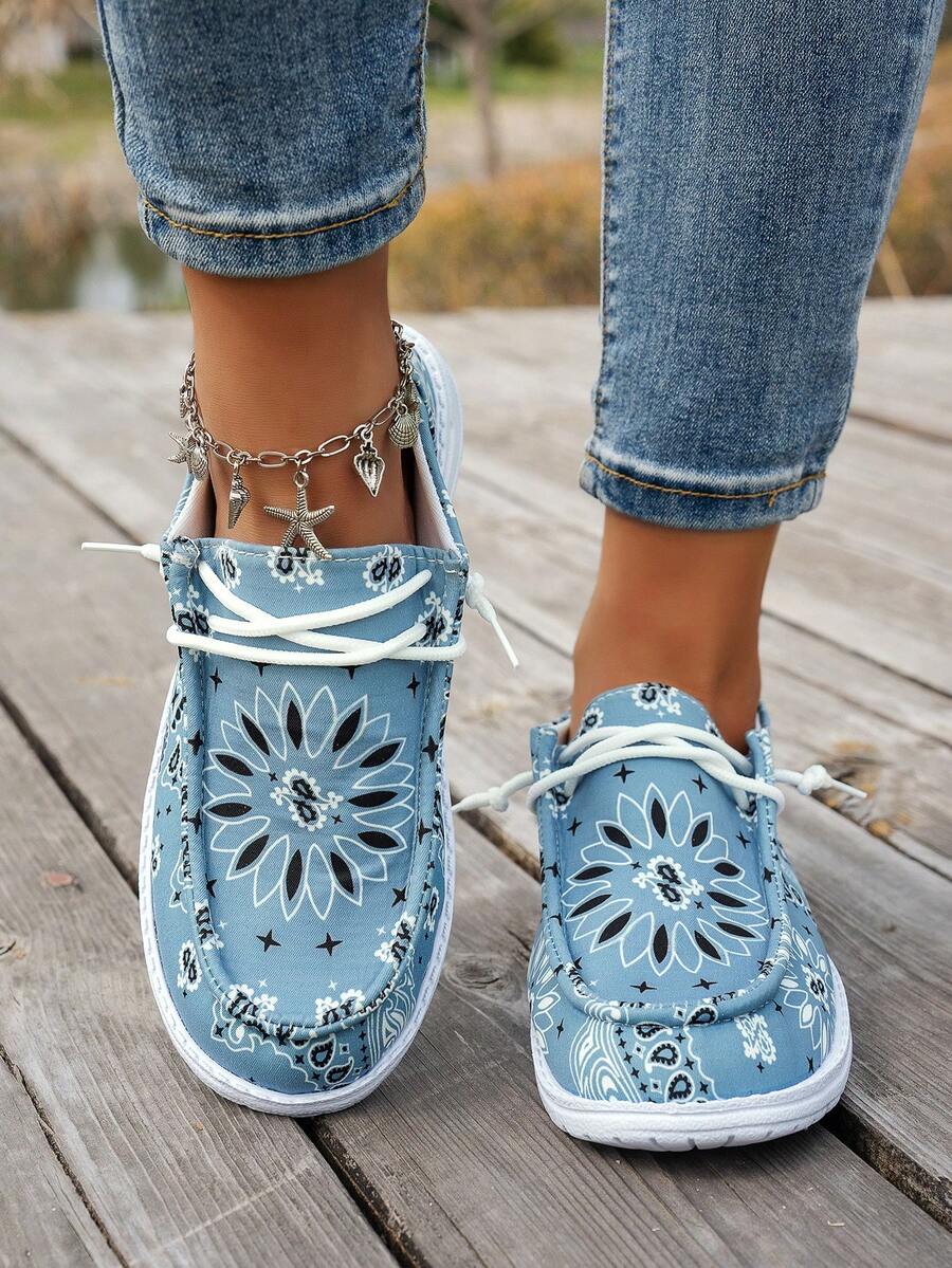 Women's Loafers, Casual Holiday Style, Four Seasons Style, Indoor And Outdoor, Cashew Flower Pattern, Versatile, Light And Comfortable, Round Toe, Elastic Laces, Easy To Put On And Take Off Flat Shoes - 藍色 - 查看 1
