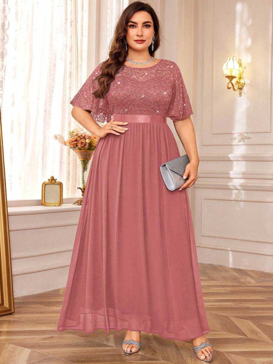 MIUSOL Plus Sequin Floral Lace Butterfly Sleeve Chiffon Pleated Hem Evening Party Long Dress - Bụi hồng - Xem 1