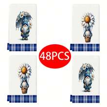 2/4/6/48pcs Soft Kitchen Towels/Hand Towels With Small White Flower & Gnome Prints, Multi-Purpose, Quick Drying Dish Cloths, Suitable For Kitchen, Celebrations, Weddings, Decorations