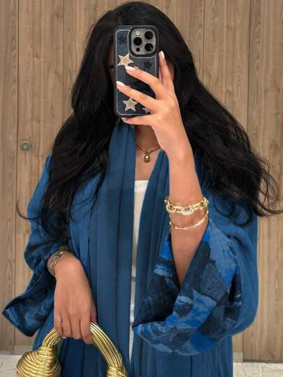 Abaya For Women, 1 Pc Fashionable Simple Asymmetrical Tie-Dye Printed Cuffs Solid Color Robe Cardigan Abaya, French Elegant Women's Robe Dress Abaya, Suitable For Daily Life, Work, Travel, Party (Headscarf Not Included)