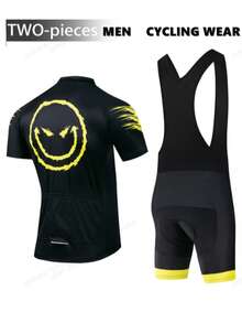 男士骑行套装 - 黑黄条纹笑脸领骑行服，搭配硅胶垫骑行短裤 - 采用涤纶混纺面料，适合四季运动、团队骑行、男子铁人三项赛事及骑行配件。夏季 - 黃色 - 查看 3
