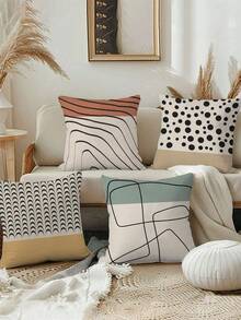 4 件波西米亚现代抽象几何抱枕套，单面设计 - 黑白格子图案，可机洗（不含枕芯），适用于客厅、卧室、办公室、农舍、客厅装饰 | 几何图案 | 拉链 - 彩色 - 查看 2