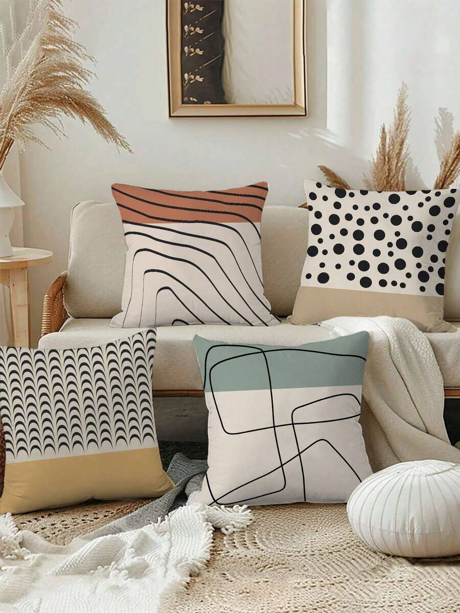 4 件波西米亚现代抽象几何抱枕套，单面设计 - 黑白格子图案，可机洗（不含枕芯），适用于客厅、卧室、办公室、农舍、客厅装饰 | 几何图案 | 拉链