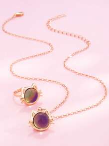 2pcs/Set Girls' Temperature Sensitive Color Changing Cat Unicorn Heart Pendant Necklace & Ring Jewelry Set, Gift For Girlfriend/Best Friend