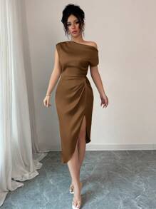 abyoxi Brown Elegant Asymmetric Neckline Waist Handmade Ruched Satin Dress, Suitable For Dates, Birthday Parties, Weddings, Homecoming, New Women's Fashion