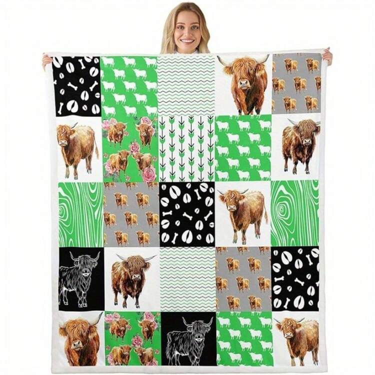 Cozy Floral Highland Cow Print Flannel Throw Blanket - Soft, Warm & Versatile For  , Adds A Modern Touch To Your Home, Creating A Comfortable Bedroom Style.   Suitable For All Seasons, Polyester,    Washable, Machine Washable, Lightweight, Breathable, Comfortable, Warm, Unique,280gsm, Suitable For Him And Her, Suitable For Napping, Camping, Traveling, Family, Daily Life Office Decoration, Birthday Anniversaries, Valentine's Day, Thanksgiving, Christmas, Halloween, Mother's Day, Father's Day, Weddings, New Year Gifts For Her, Him, Family, Boyfriend, Girlfriend Father, Family Member, Mother, Lover, Daughter, Son, Grandfather, Grandmother, Friend,  Classmate And Pet. Sofa,Bed,Car,Bedroom,Living Room,Office, Outdoor Camping, Beach,Wall Decoration Ships From USA - 多色11 - 查看 1