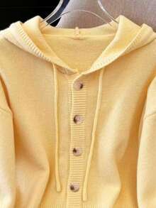 Autumn/Winter Minimalist Style Hooded Short Casual Button Cardigan, Versatile Knit Sweater Jacket - Yellow - View 4