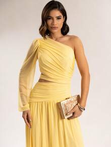 Long Dress For Bridesmaids Wedding Graduation One Elegant Sleeve - Kuning - View 3