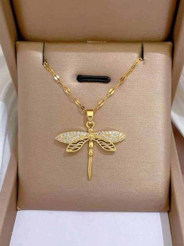 1pc Dragonfly Shaped Pendant Necklace For Women, Full Diamond Design Inlaid With Cubic Zirconia, Stainless Steel Chain, Suitable For Daily Wear, Great Gift Choice