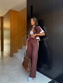 Women's Cropped Zipper Set And Tailored Wide-Leg Pants - Rỉ Nâu - Xem 4