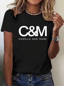 1PC Simple Elegant C&M Print Casual Sports Black White Brick Red Dark Gray Matcha Apricot Red Round Neck Pullover T-Shirt Comfortable Silky Short Sleeve Top - 黑色 - 查看 1