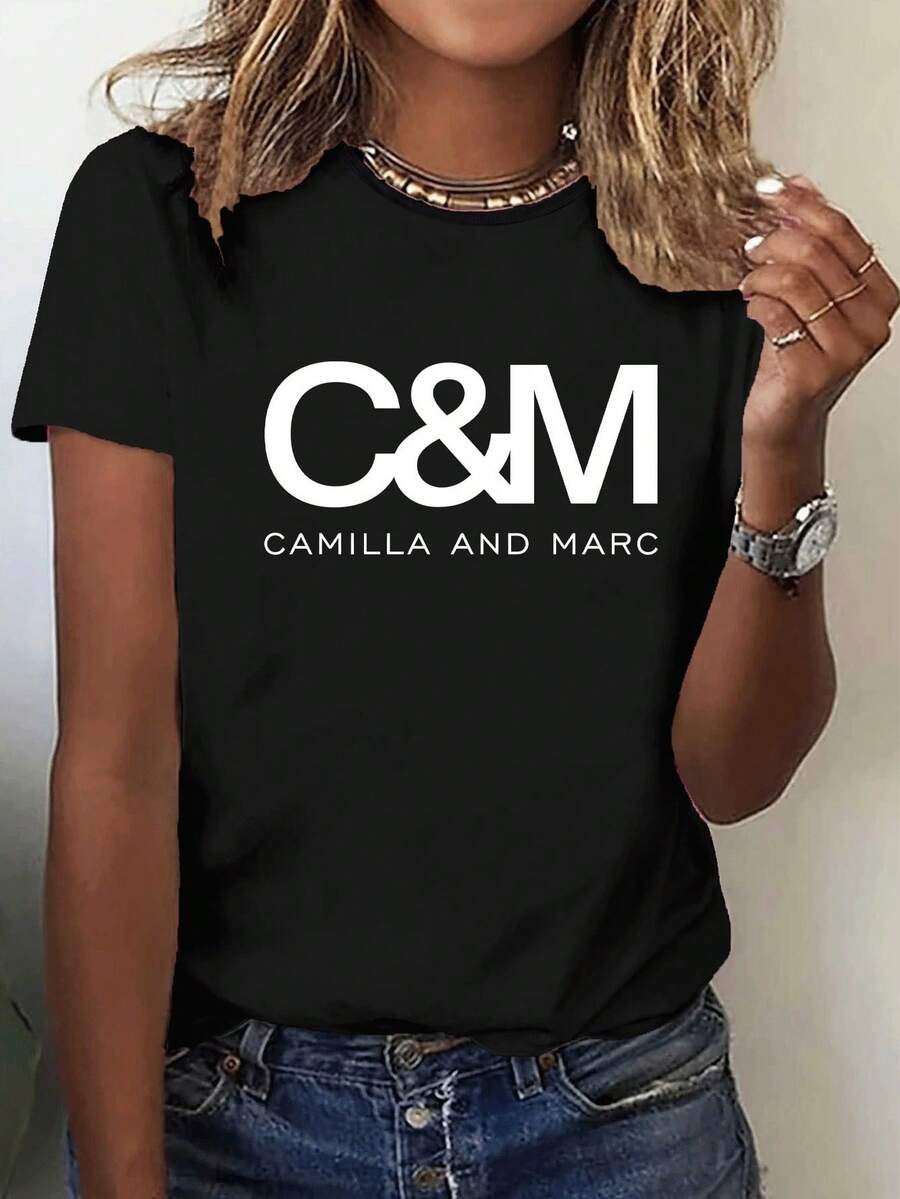 1PC Simple Elegant C&M Print Casual Sports Black White Brick Red Dark Gray Matcha Apricot Red Round Neck Pullover T-Shirt Comfortable Silky Short Sleeve Top - 黑色 - 查看 1