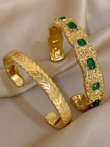18K 镀金不锈钢奢华祖母绿手镯套装，适合女士，含方晶锆石，适合妈妈、教师、夏季旅行海滩珠宝、波西米亚风格珠宝、狂欢/舞会/派对/日常配饰、返校礼物、生日礼物、伴娘礼物、圣诞礼物