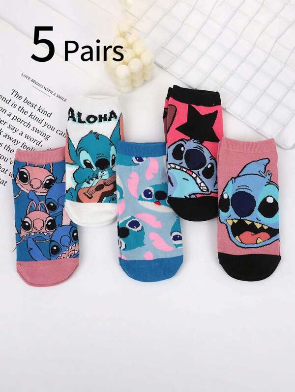 Disney 5 Pairs Disney Stitch Colorblock Ankle Socks, Cartoon Pattern Shallow Mouth Non-Slip Boat Socks, Soft & Comfortable, Casual Sports Style, Suitable For Girls Aged 12-16