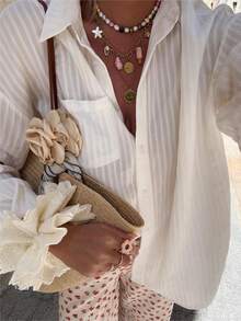 Women's Textured Sheer Striped Long Sleeve Casual Business Blouse, Autumn/Winter - White - View 3